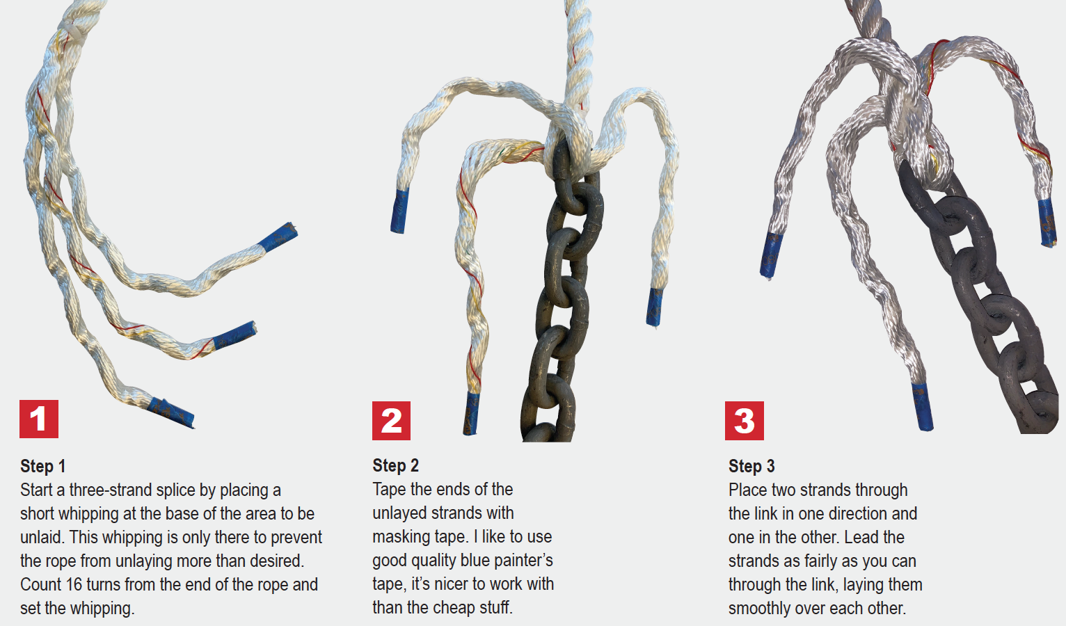 Splicing three-strand line to chain